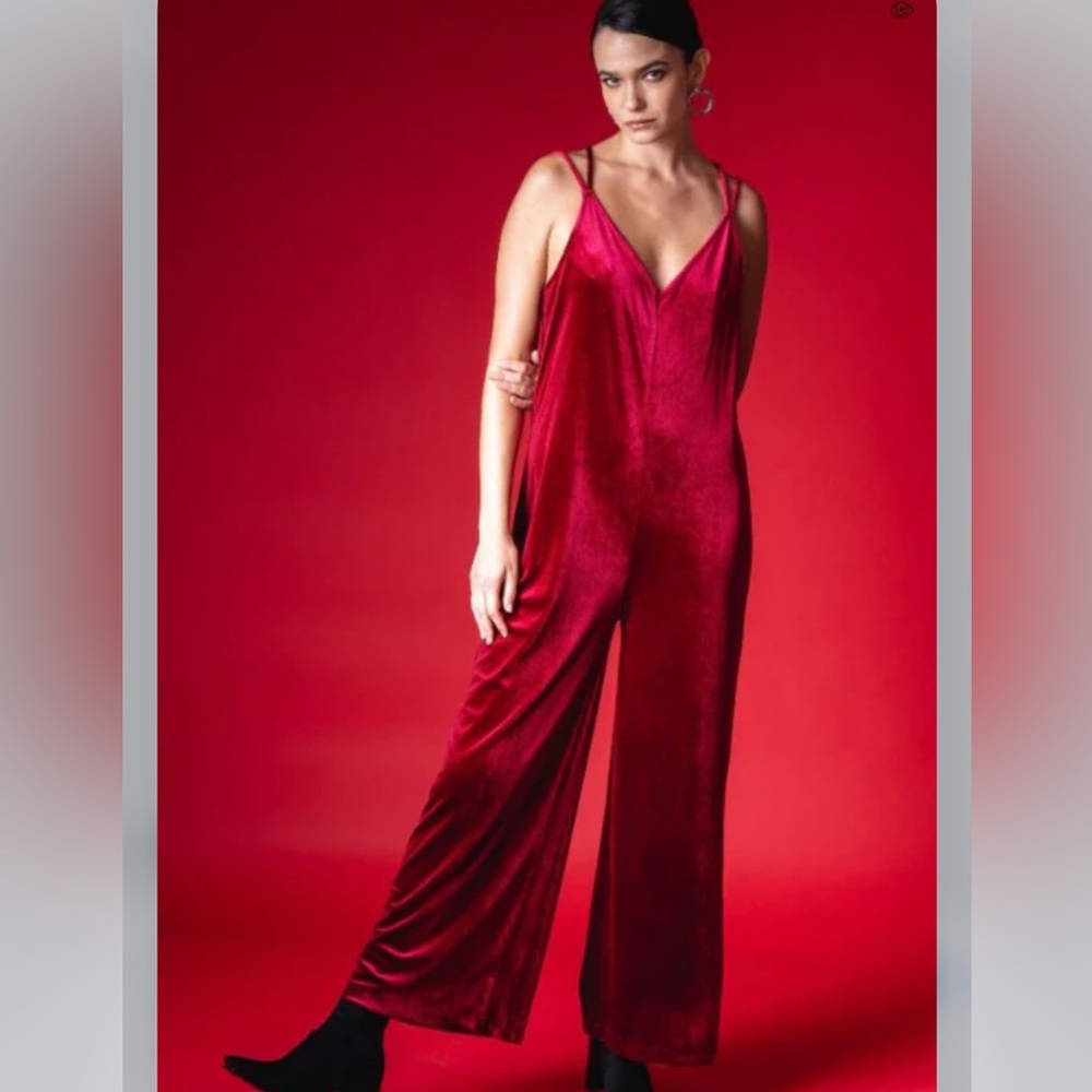 Silk & Salt Dangerously In Love Jumpsuit-Red Wine Velvet-Size Small